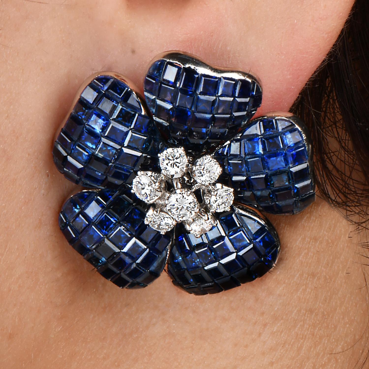 Vintage Diamond Blue Sapphire 18K White Gold Flower Clip On Earrings 1
