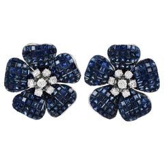 Vintage Diamond Blue Sapphire 18K White Gold Flower Clip On Earrings