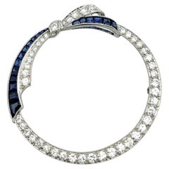 Vintage Diamond & Blue Sapphire Bow Circle Brosche in Platin & Sterling Silber