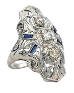 Vintage Diamond & Blue Sapphire Filigree Navette Ring in 18 Karat White Gold
