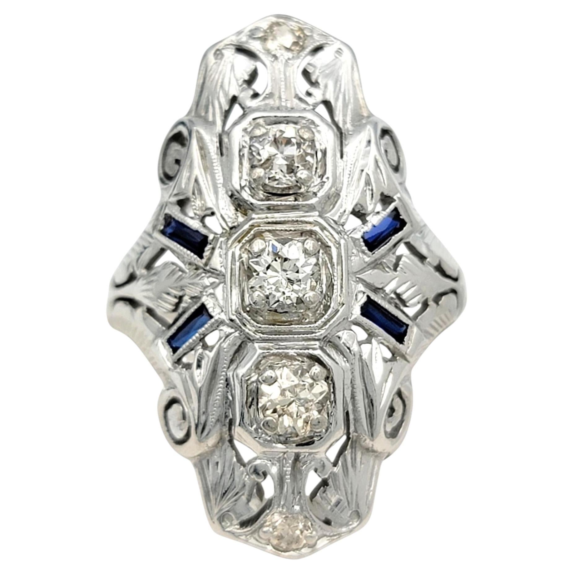 Vintage Diamond & Blue Sapphire Filigree Navette Ring in 18 Karat White Gold