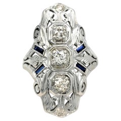 Vintage Diamond & Blue Sapphire Filigree Navette Ring in 18 Karat White Gold