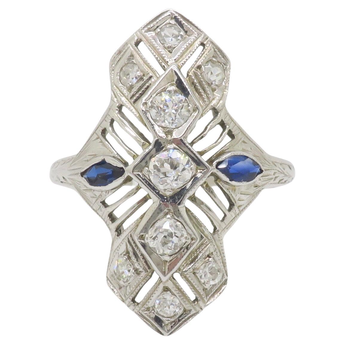 Vintage Diamond & Blue Sapphire Navette Style Ring in 18k White Gold