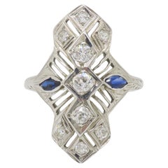 Vintage Diamond & Blue Sapphire Navette Style Ring in 18k White Gold