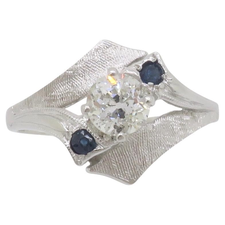 Vintage Diamond & Blue Sapphire Ring in 14k White Gold