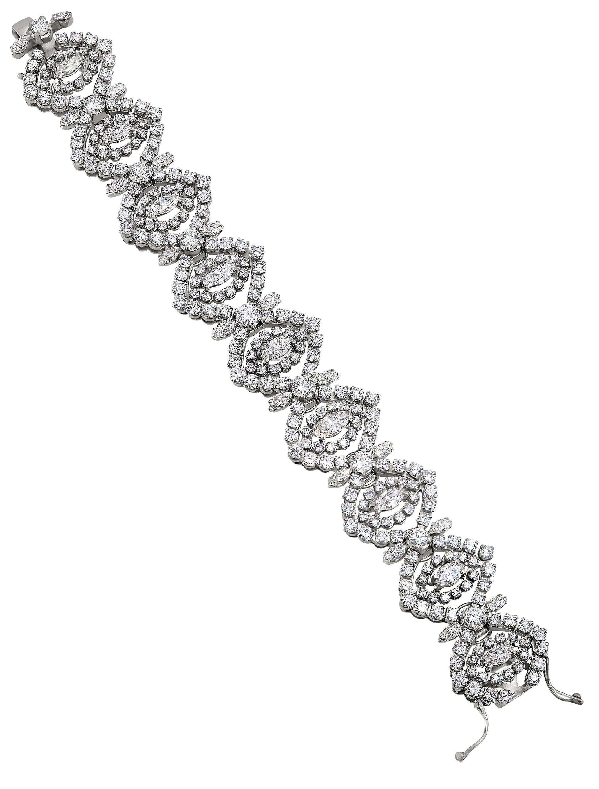 Retro Diamond Bracelet with Round and Marquis Diamonds Totaling 18.60 Carat, 18 Karat For Sale