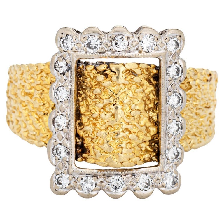 Vintage Diamond Buckle Ring 14k Yellow Gold Square Band Fine Estate