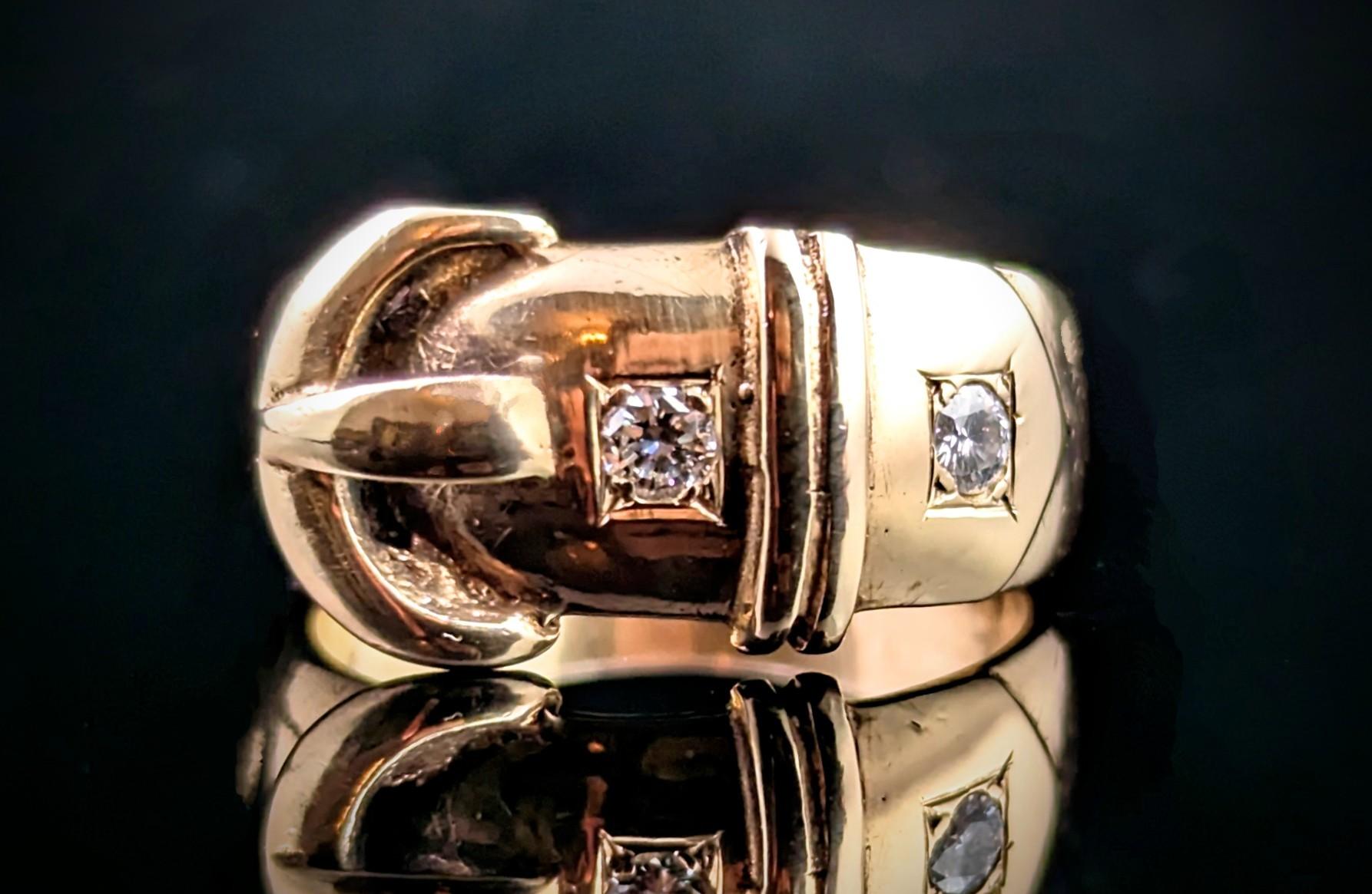 Vintage Diamond Buckle Ring, 9k Yellow Gold, Chunky  9