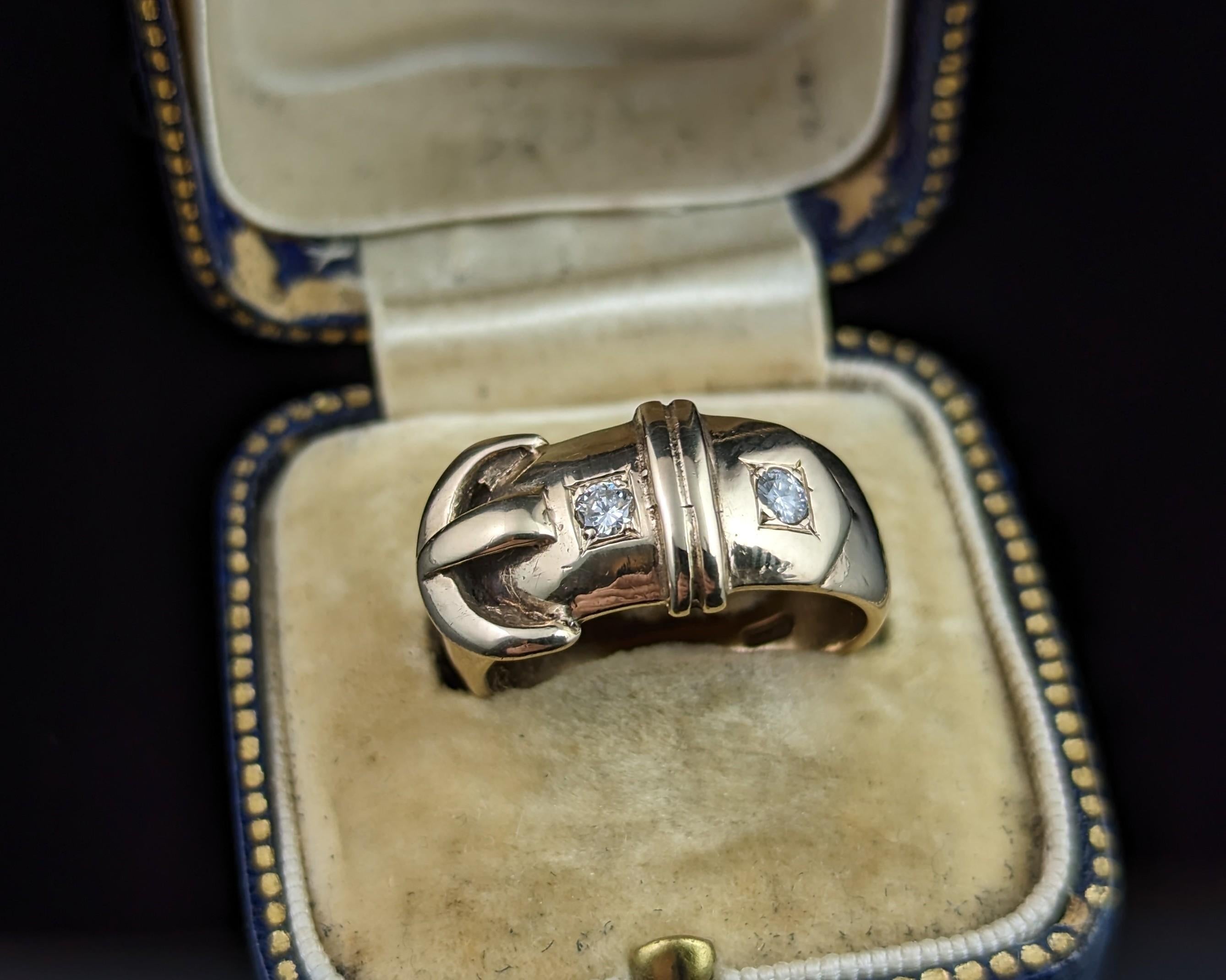 Vintage Diamond Buckle Ring, 9k Yellow Gold, Chunky  13