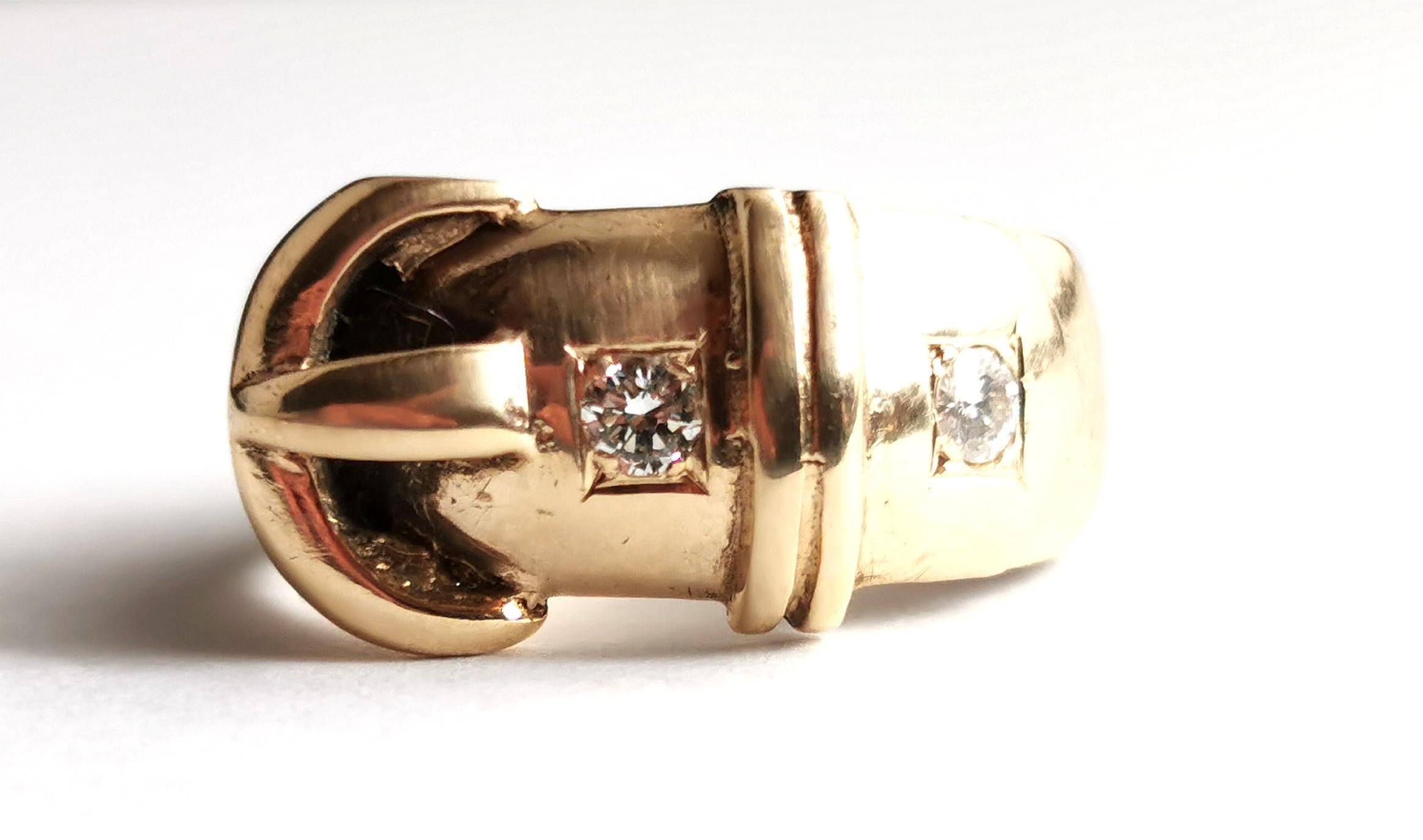 Vintage Diamond Buckle Ring, 9k Yellow Gold, Chunky  7