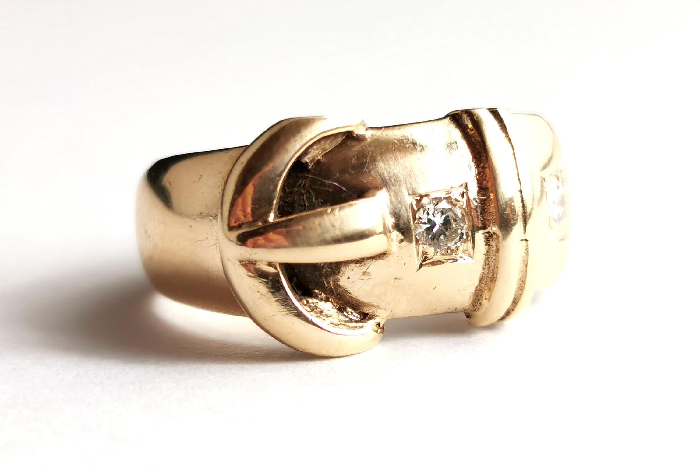 Vintage Diamond Buckle Ring, 9k Yellow Gold, Chunky  8