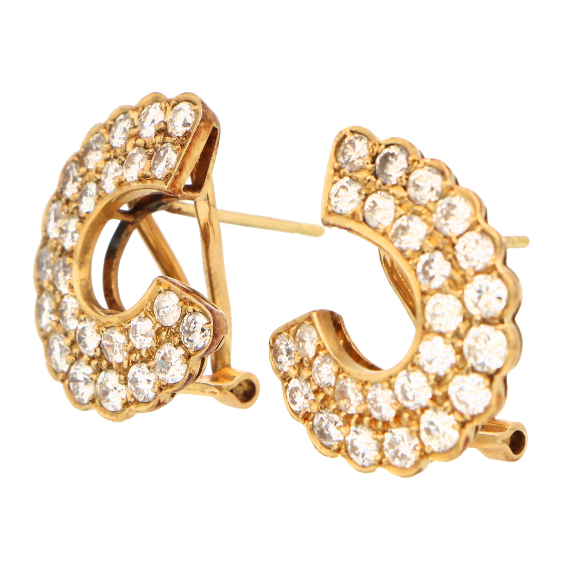 Round Cut Vintage Diamond 'C' Half Hoop Earrings Set in 18k Yellow Gold