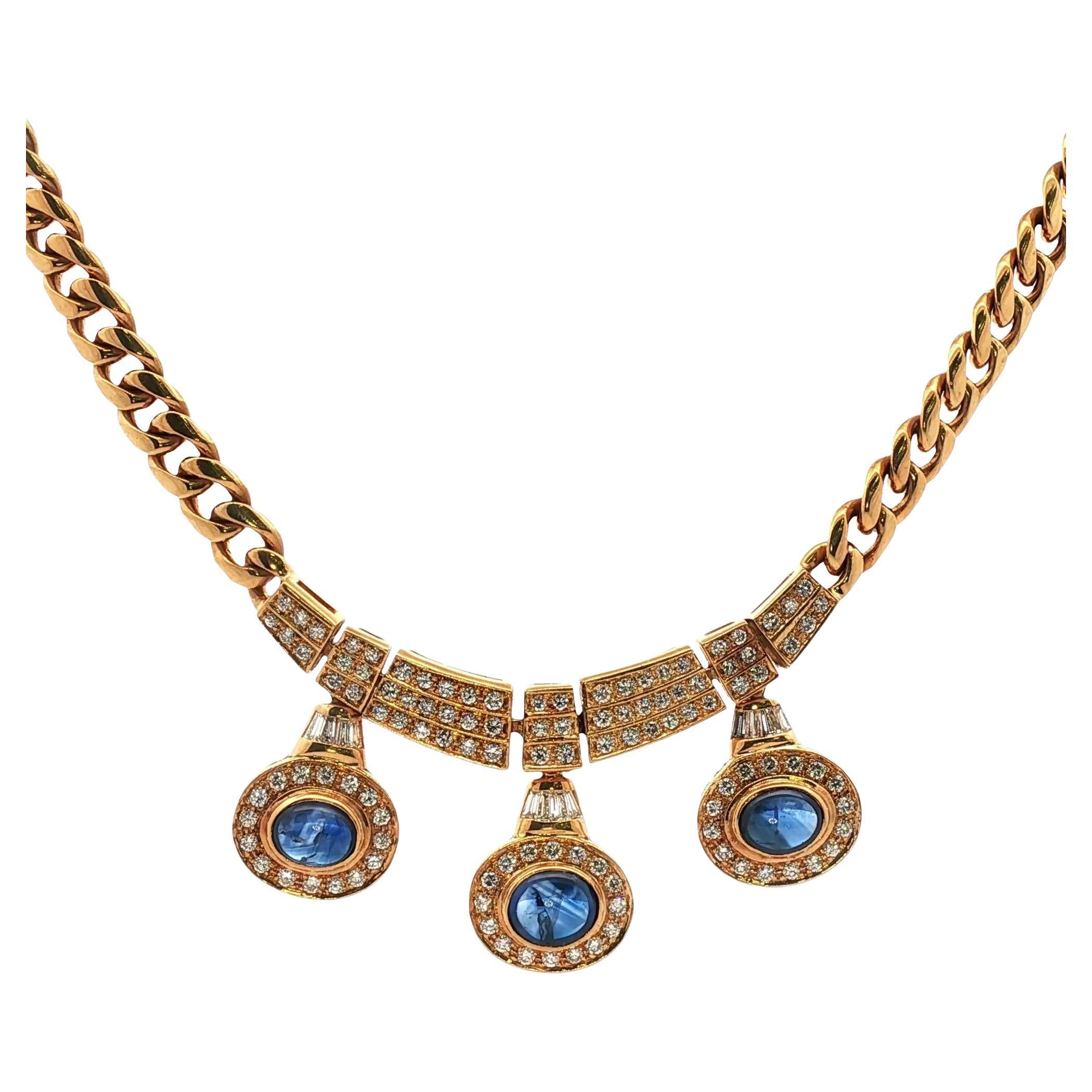 Vintage Diamond Cabochon Blue Sapphire 18 Karat Yellow Gold Curb Link Necklace For Sale