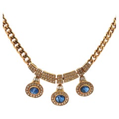 Vintage Diamond Cabochon Blue Sapphire 18 Karat Yellow Gold Curb Link Necklace