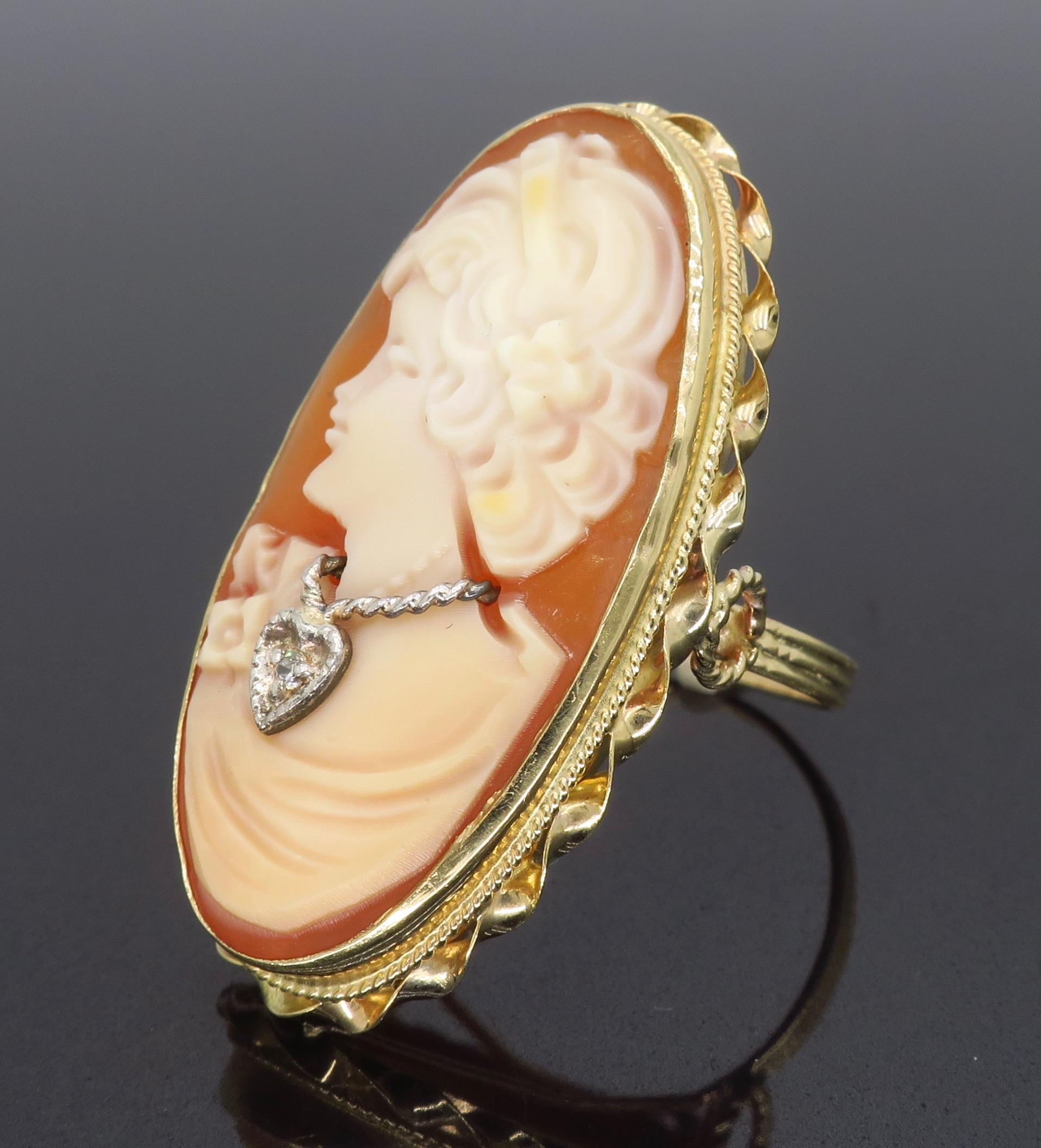 Vintage Diamond Cameo Ring In Good Condition For Sale In Webster, NY
