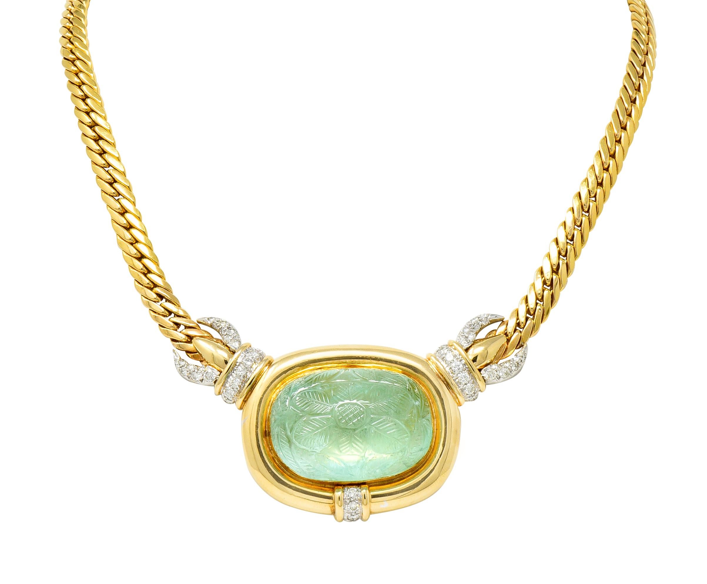 Vintage Diamond Carved Emerald 14 Karat Gold Floral Station Collar Necklace 4