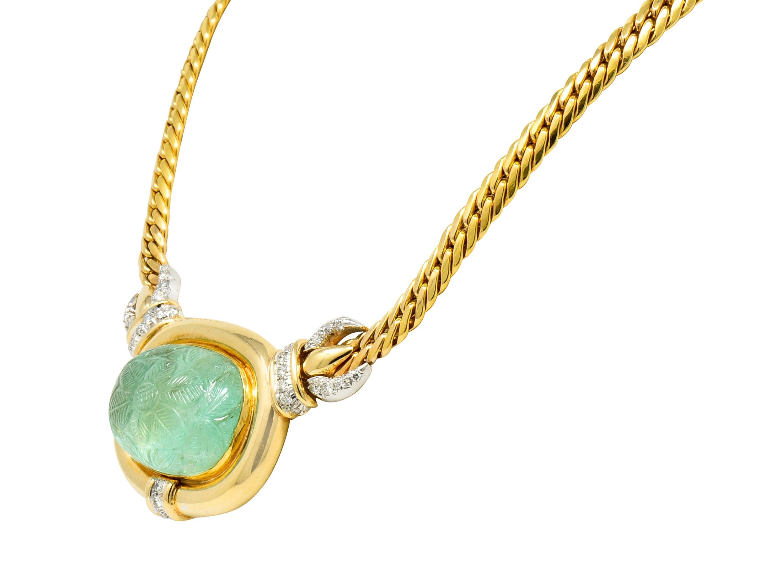 Contemporary Vintage Diamond Carved Emerald 14 Karat Gold Floral Station Collar Necklace