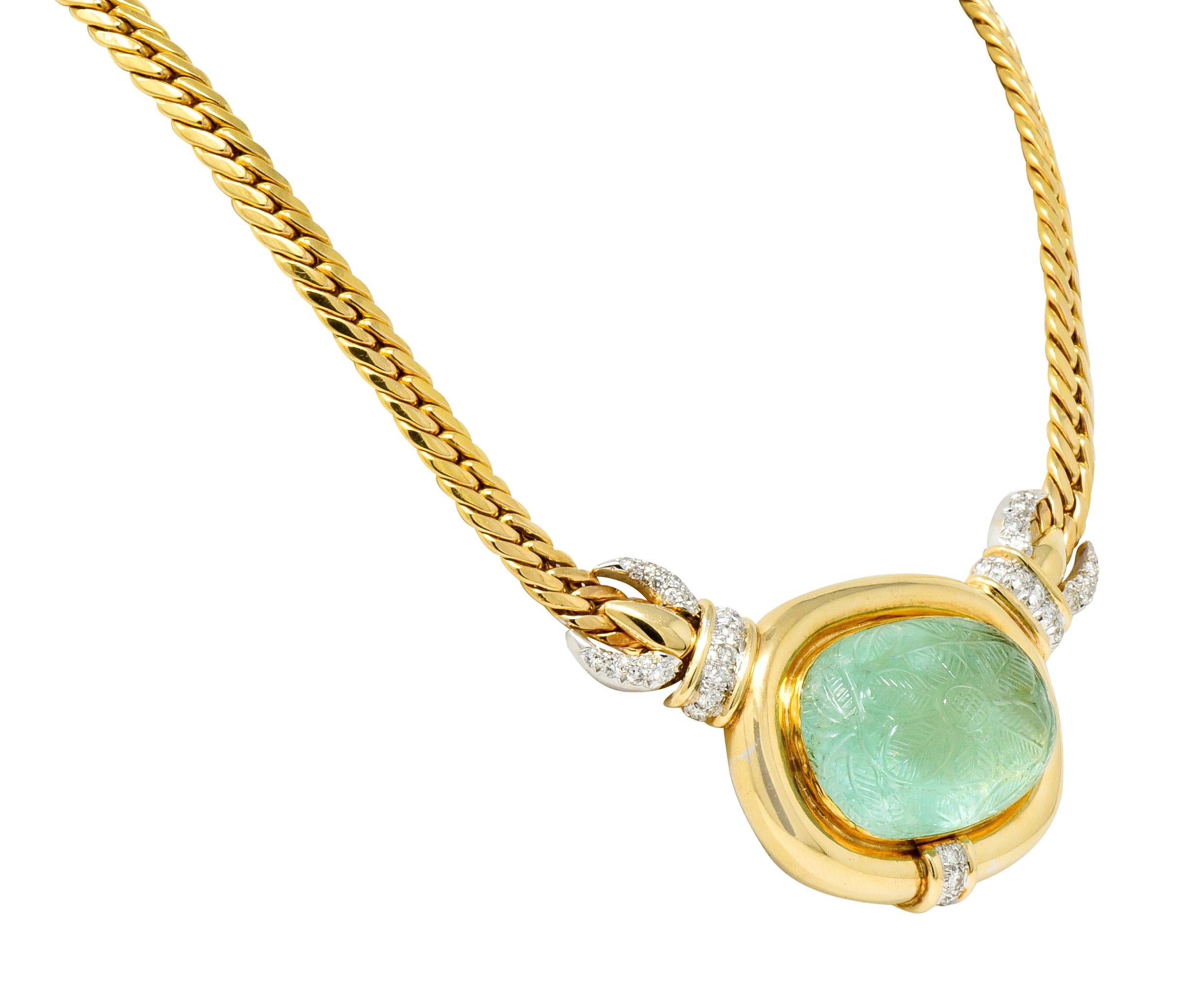 Cushion Cut Vintage Diamond Carved Emerald 14 Karat Gold Floral Station Collar Necklace