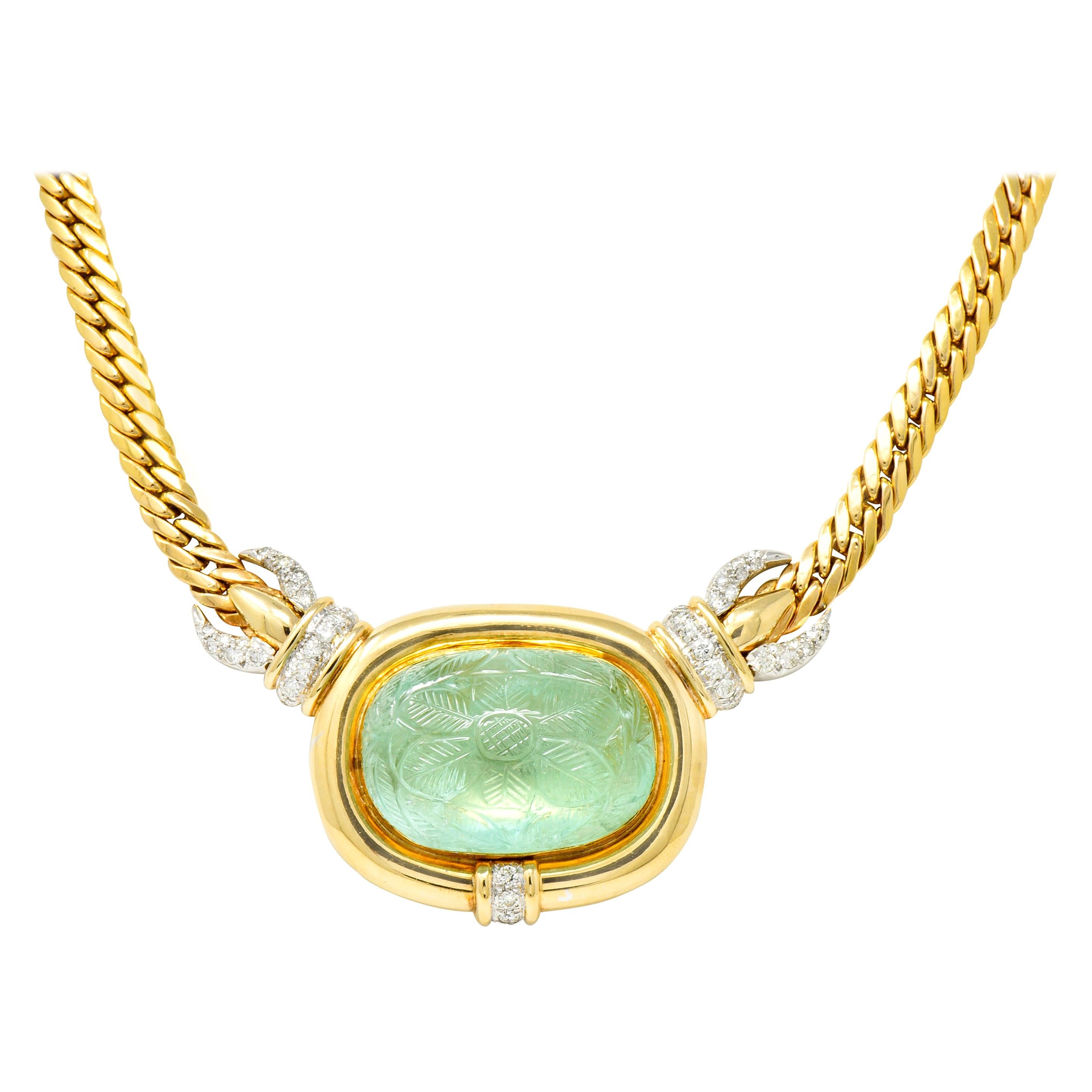 Vintage Diamond Carved Emerald 14 Karat Gold Floral Station Collar Necklace