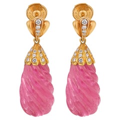 Vintage diamond carved tourmaline 18k yellow gold earrings