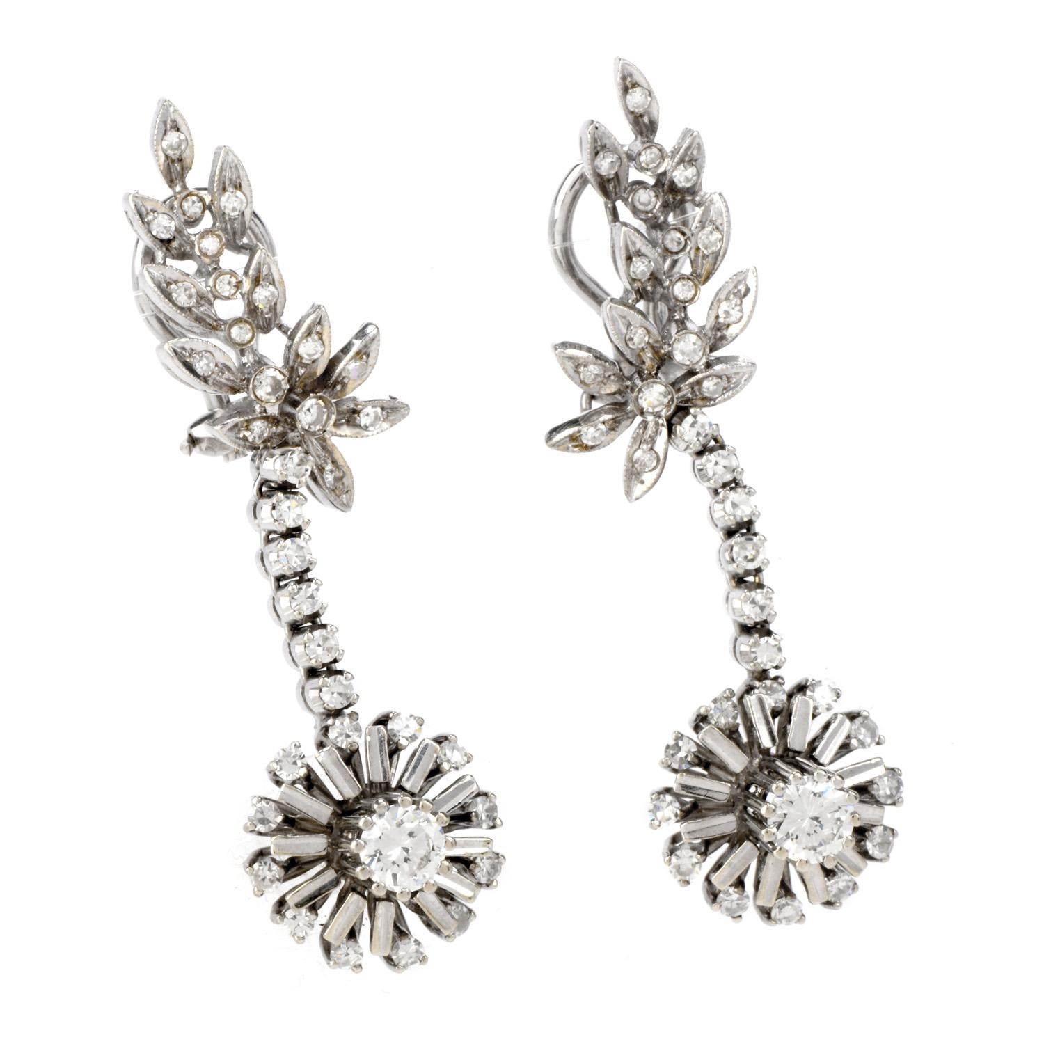 These Vintage platinum diamond Earrings were inspired in a Dangling Chandelier Motif.

They centered with 2 larger size round European diamond weighing approx. 0.75 carats in total,

H-I color, VS clarity.
Total diamond weight is approx. 1.50 carat