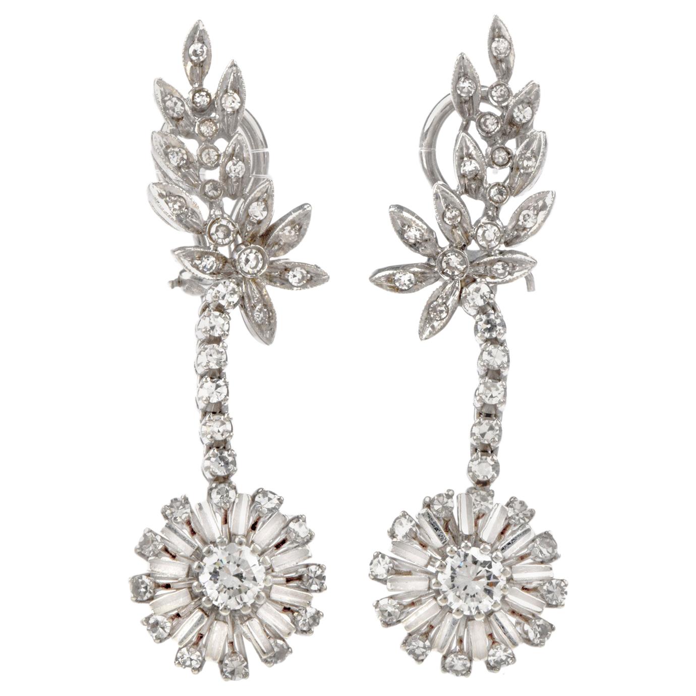 Vintage Diamond Chandelier Platinum Dangling Clip Earrings