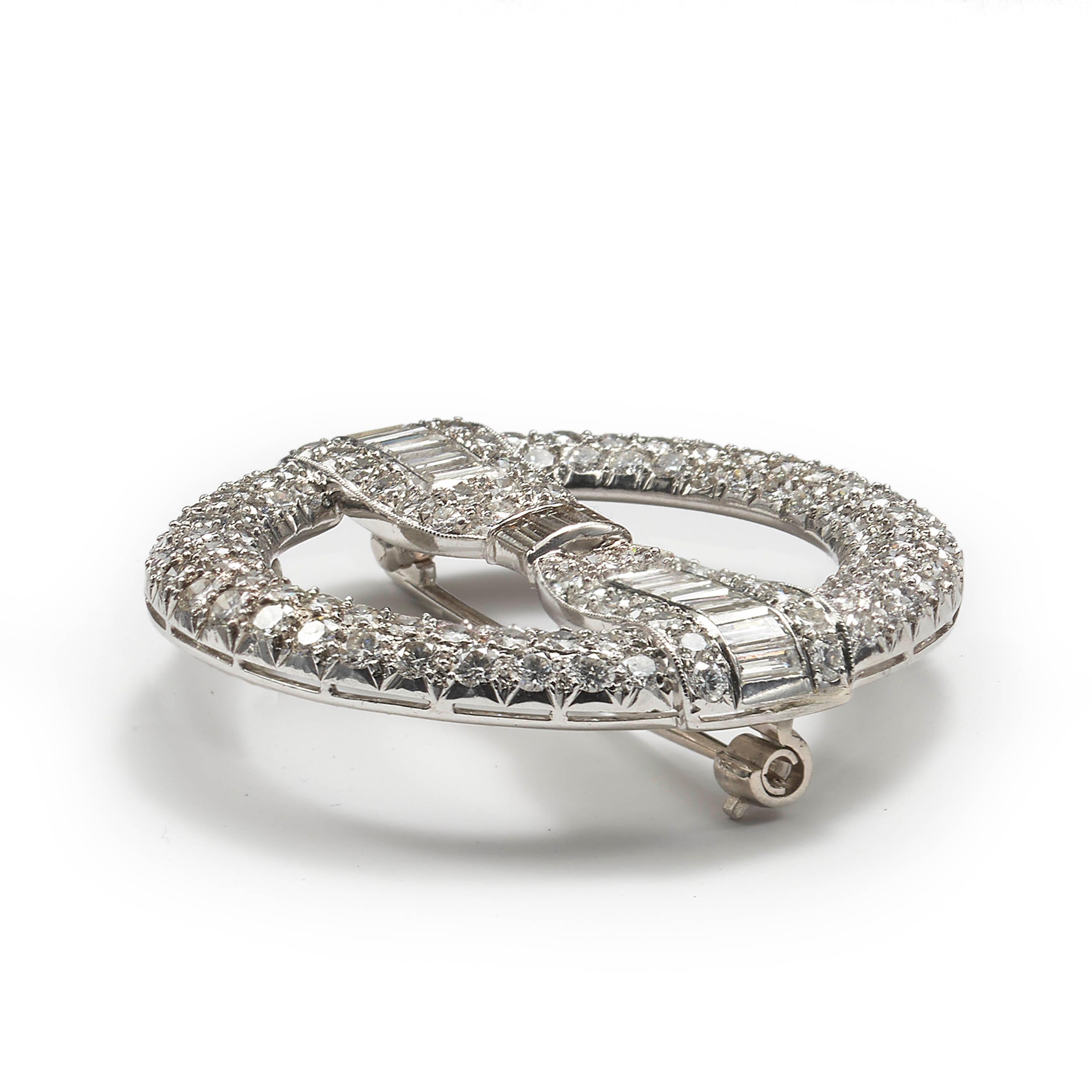 Art Deco Vintage Diamond Circle and Bow Brooch, 6.50 Carats, Circa 1935 For Sale