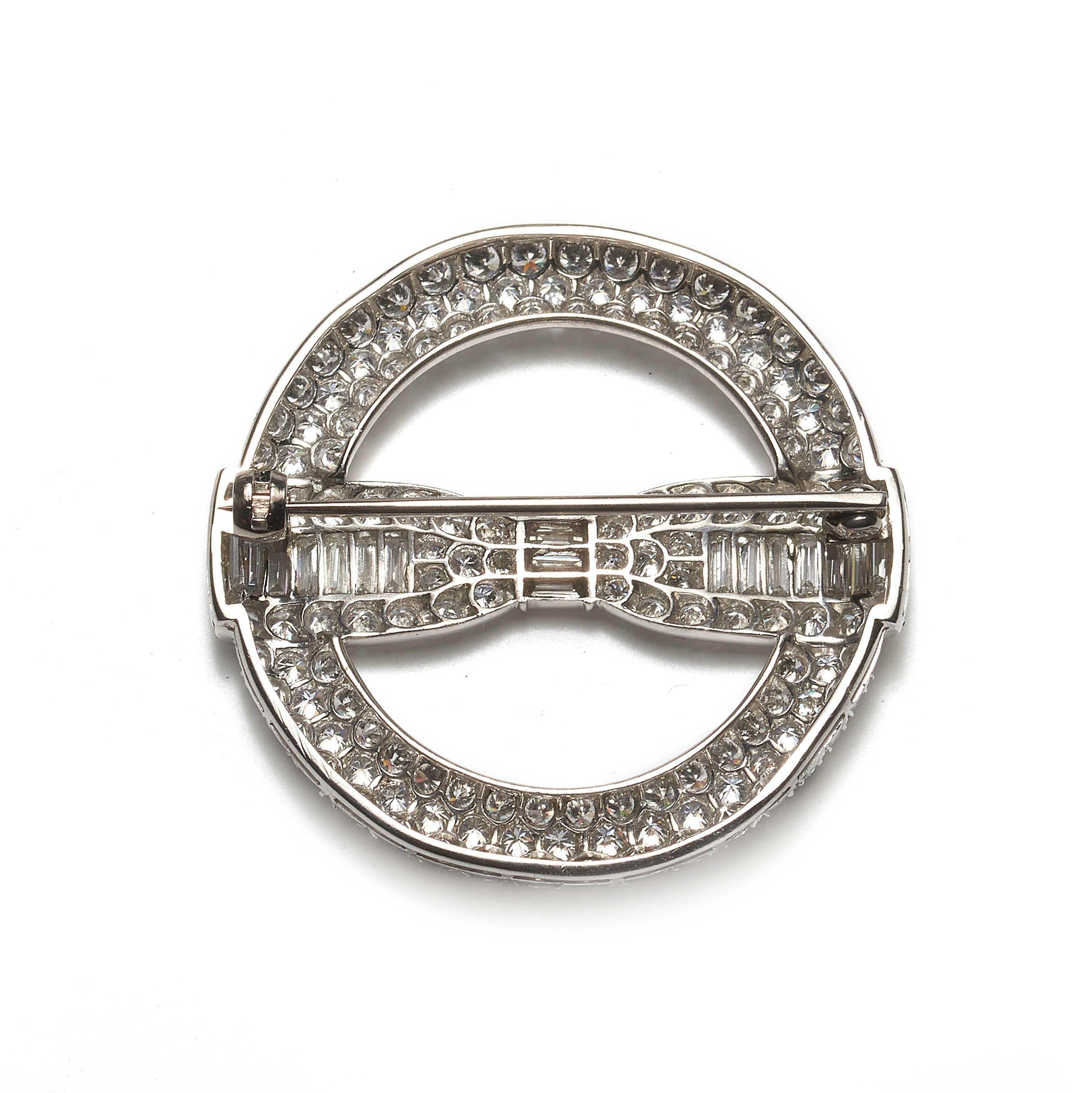 Baguette Cut Vintage Diamond Circle and Bow Brooch, 6.50 Carats, Circa 1935 For Sale