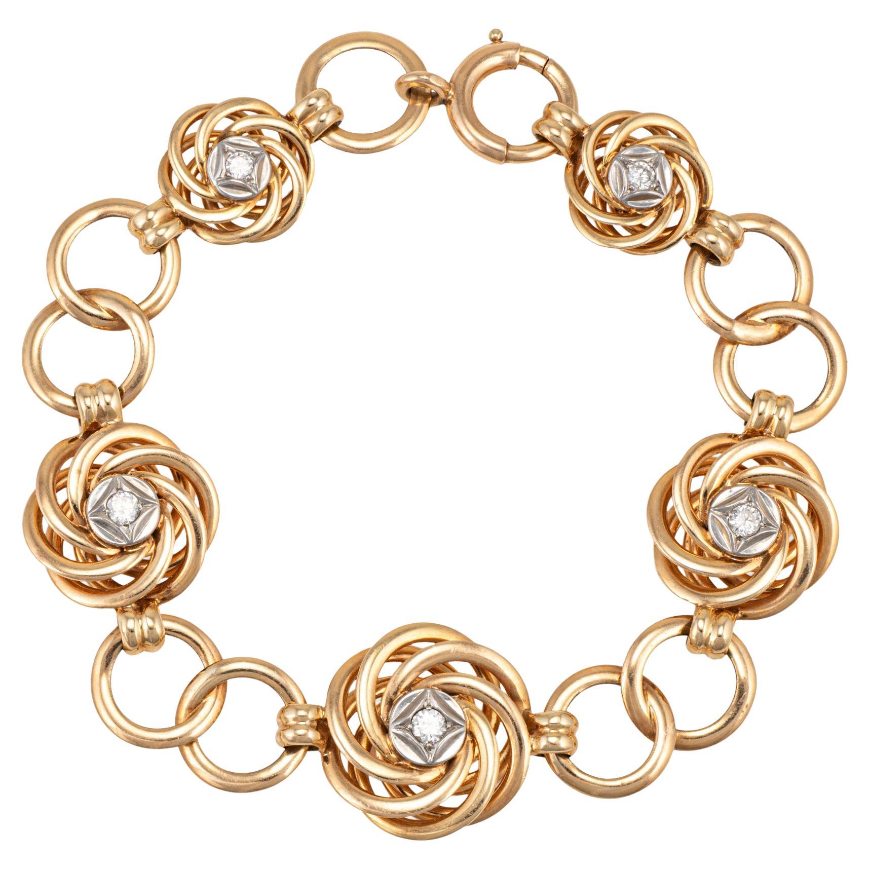 Vintage Diamond Circles Bracelet Mid Century 14k Yellow Gold 8" Fine Jewelry For Sale
