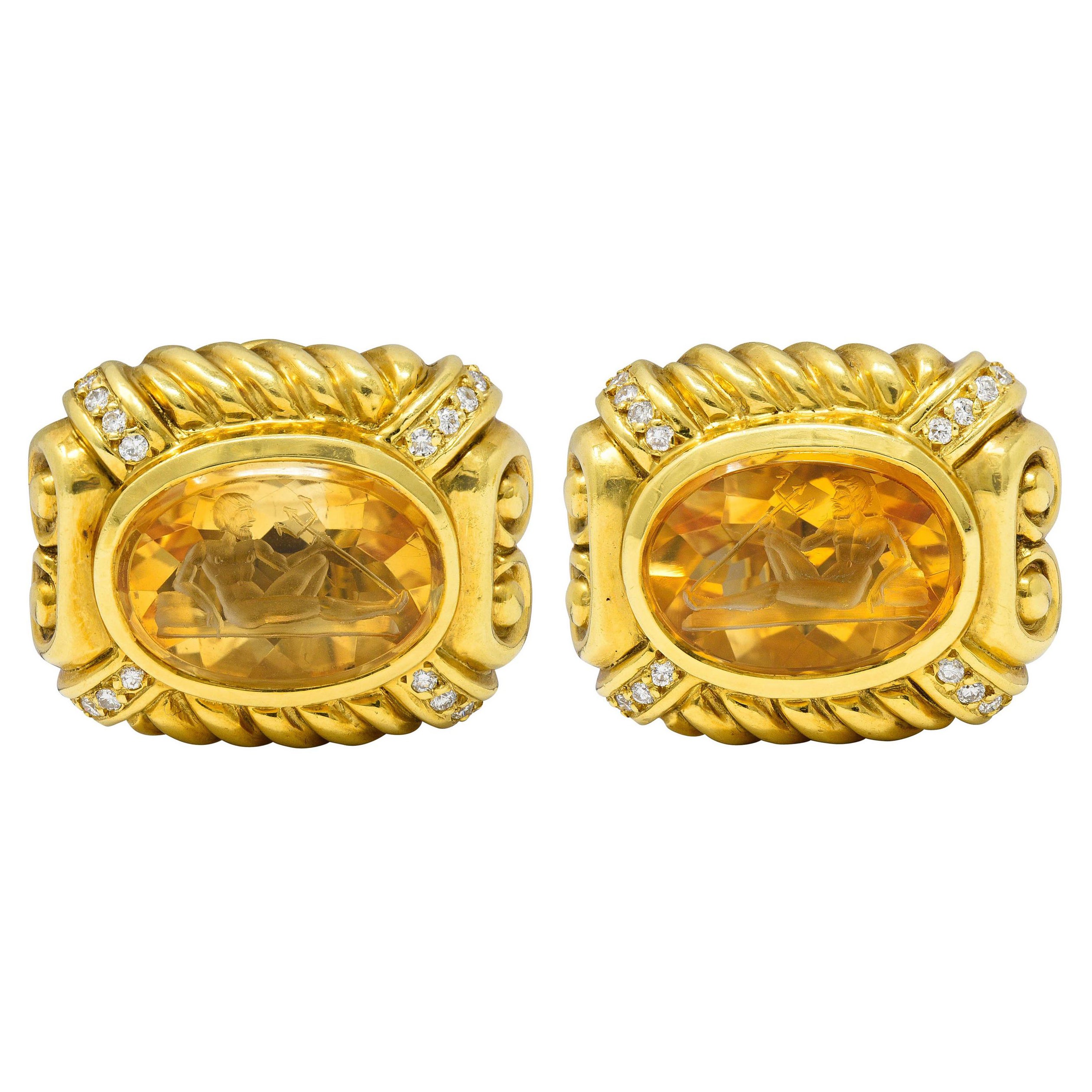 Diamant Citrin 18 Karat Gold Poseidon Intaglio Ohr-Clip-Ohrringe