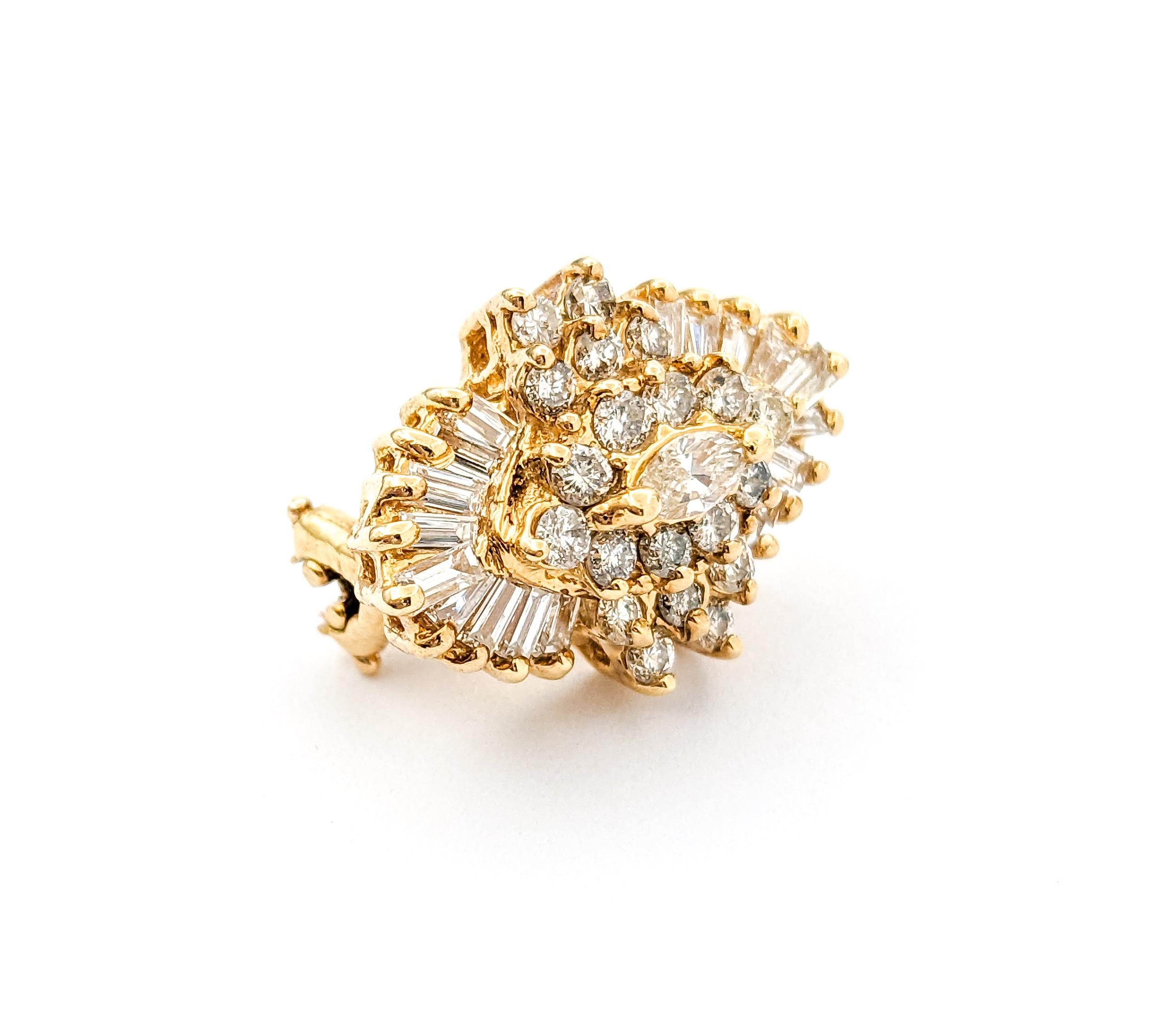 Modernist Vintage Diamond Cluster Earrings In Yellow Gold For Sale