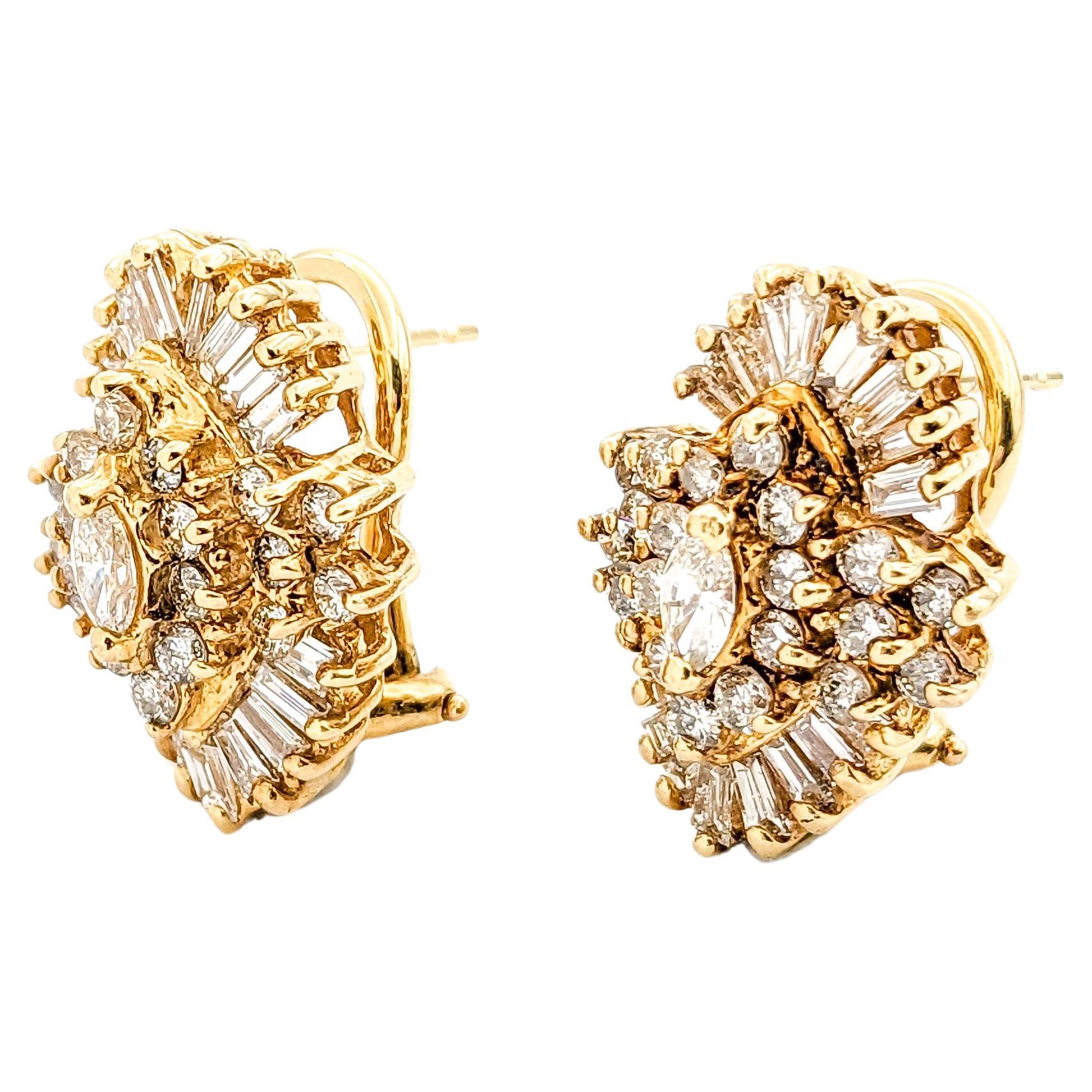 Vintage Diamond Cluster Earrings In Yellow Gold For Sale