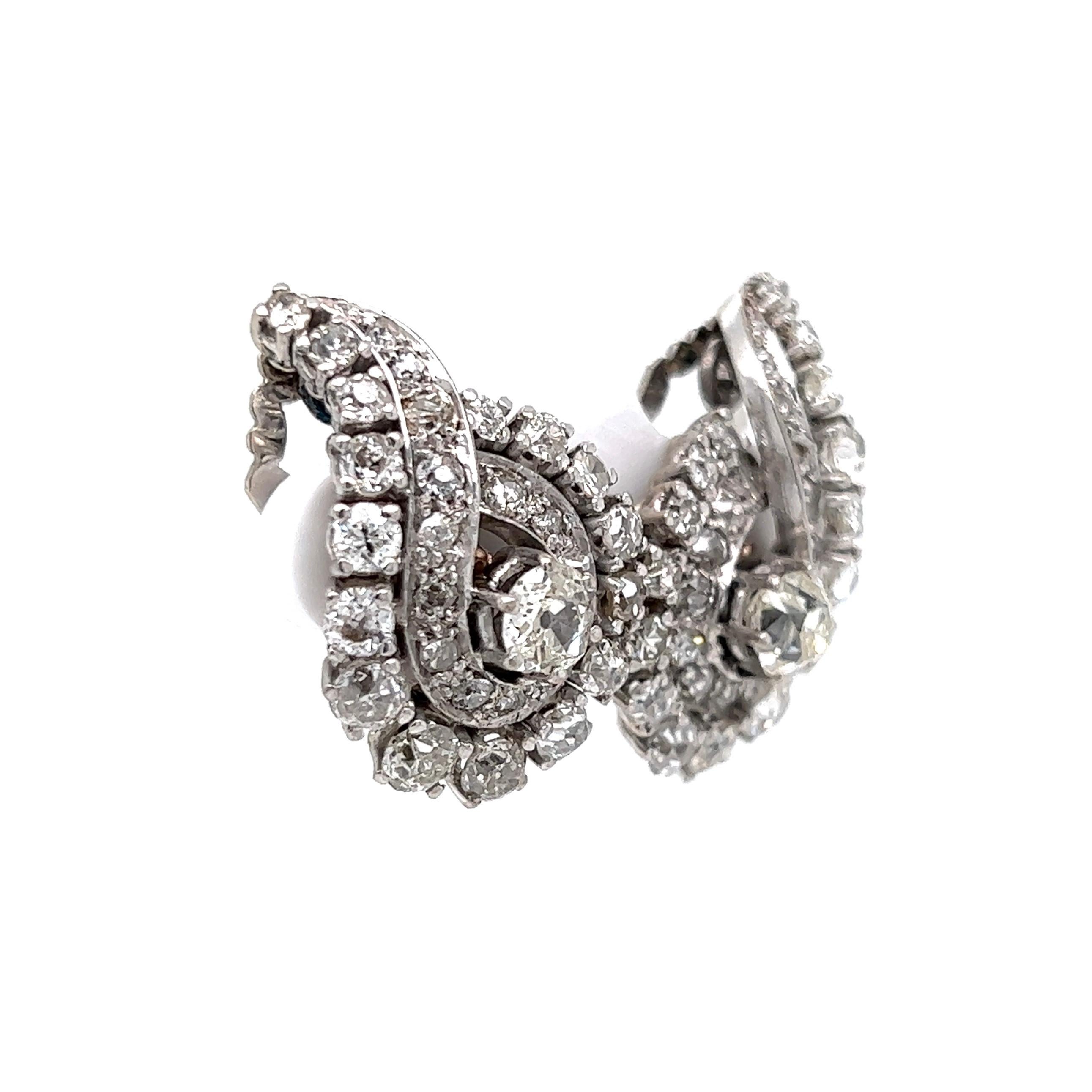 Simply Beautiful! High Quality Diamond Platinum Designer Cluster Earrings. Securely Hand set with Diamonds weighing approx. 5.35tcw. 2 Old Mine-Cut Diamonds approx. 1.00tcw and 60 Old-cut Diamonds, weighing approx. 4.35tcw. Approx. Dimensions 1.1