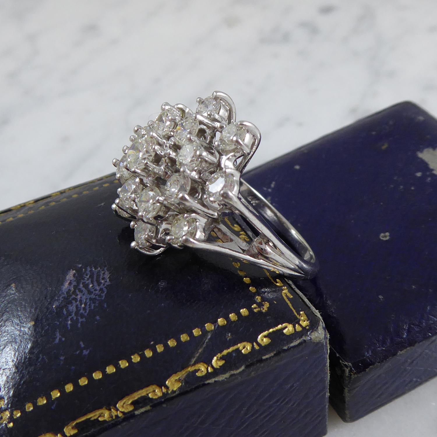 Modern Vintage Diamond Cluster Ring, 2.65 Carat Brilliant Cut Diamonds, White Gold