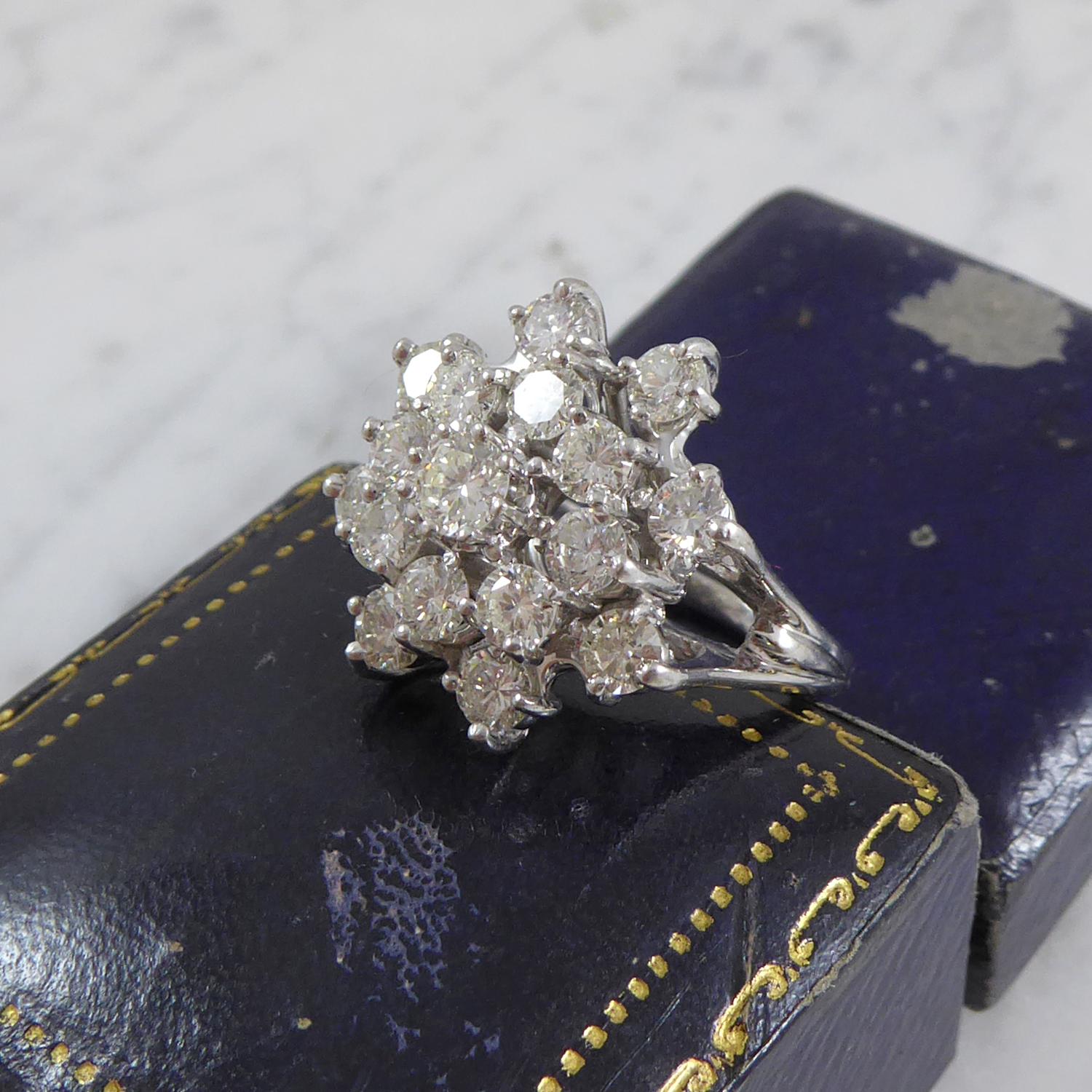 Vintage Diamond Cluster Ring, 2.65 Carat Brilliant Cut Diamonds, White Gold 2