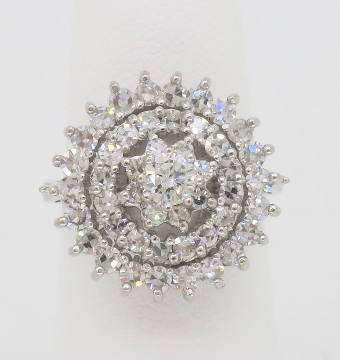 Vintage Diamond Cluster Ring in 18k White Gold  In Excellent Condition For Sale In Webster, NY