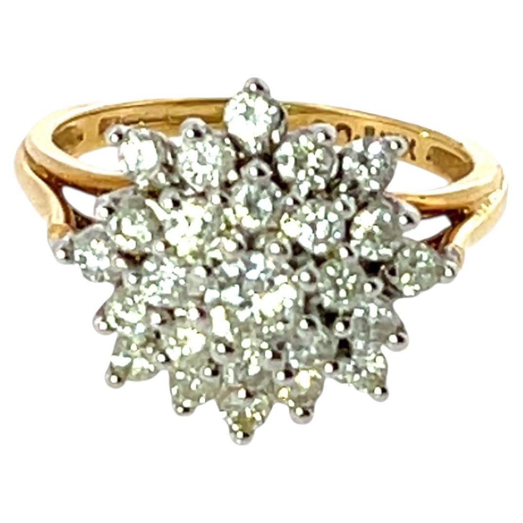 Bague vintage à grappe de diamants, sertie en or jaune et blanc 18 carats, 1,0 ct