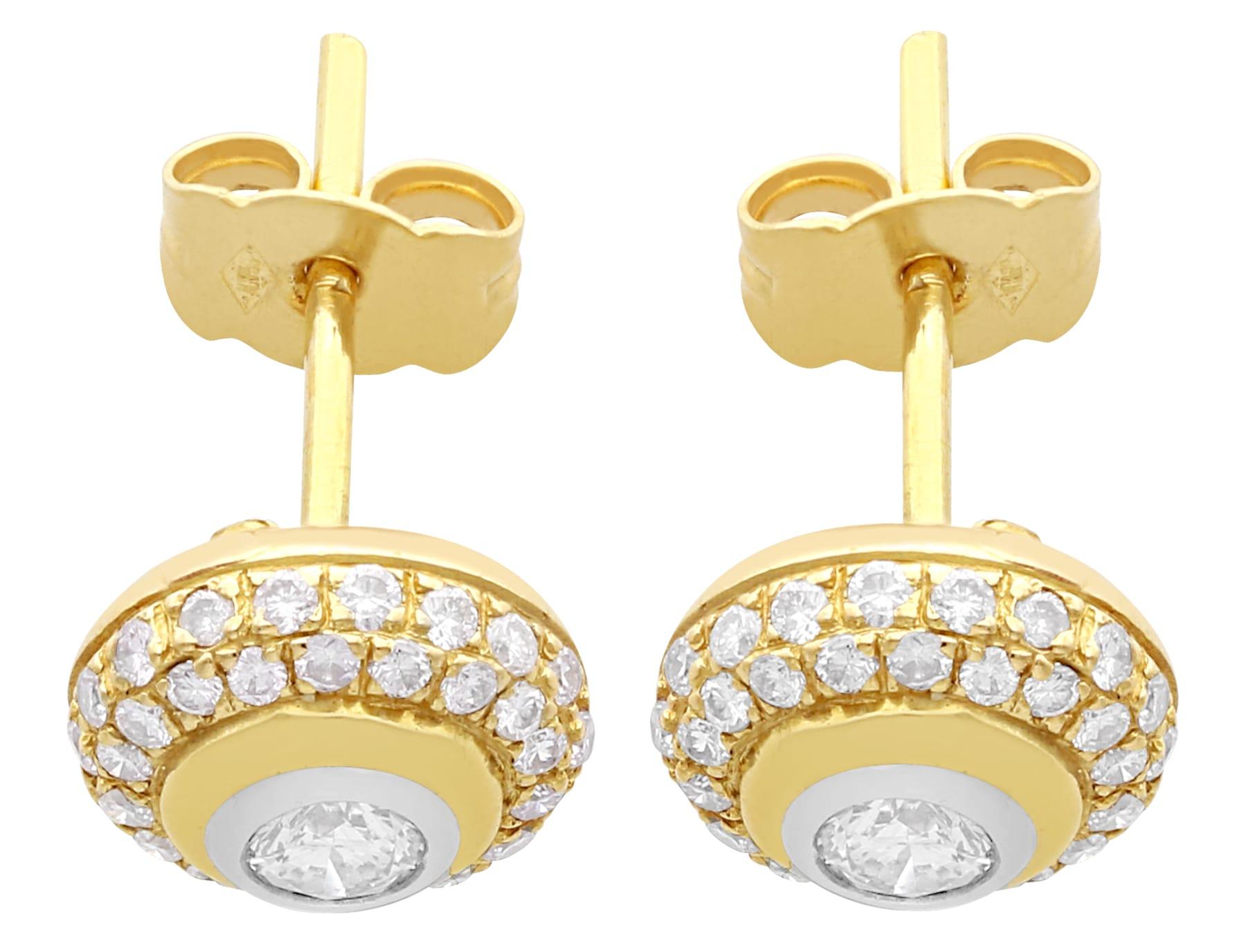 A fine and impressive pair of vintage 0.88 carat diamond and 18 karat yellow gold, silver set cluster earrings; part of our vintage jewelry and estate jewelry collections.

These fine vintage diamond earrings have been crafted in 18 karat yellow
