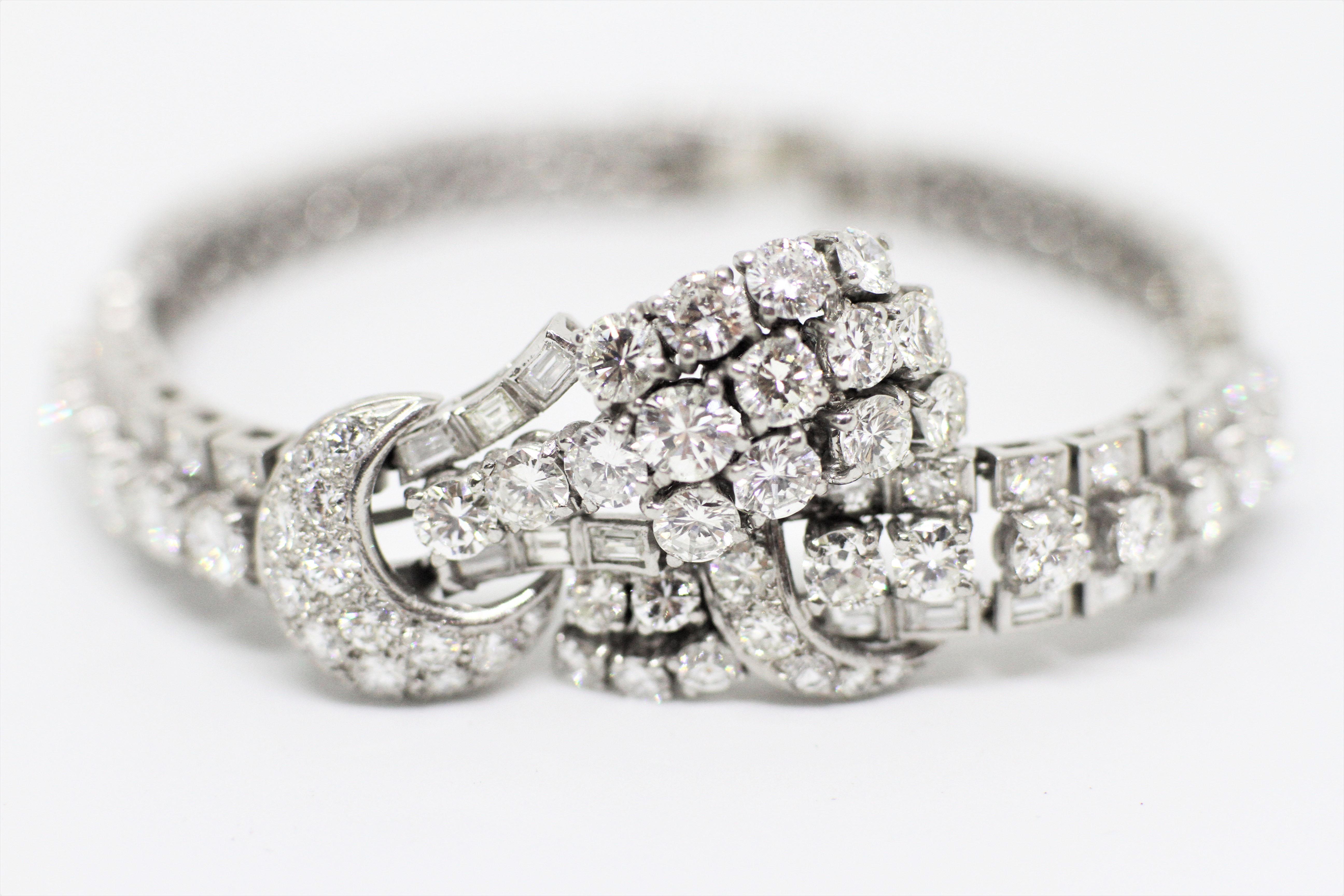 Vintage all diamond sectioned cocktail bracelet set with round brilliant cut diamonds and baguette cut diamonds in open back channel, claw and rub-over settings with a combined approximate weight of 14.00 carats.  Approximately 7