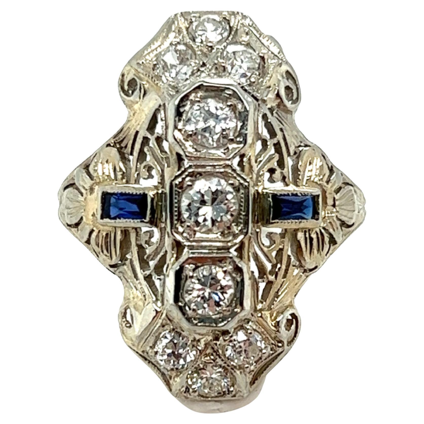 Vintage Diamond Cocktail Ring 1.05ct Transitional Cut & Sapphires 18K Art Deco
