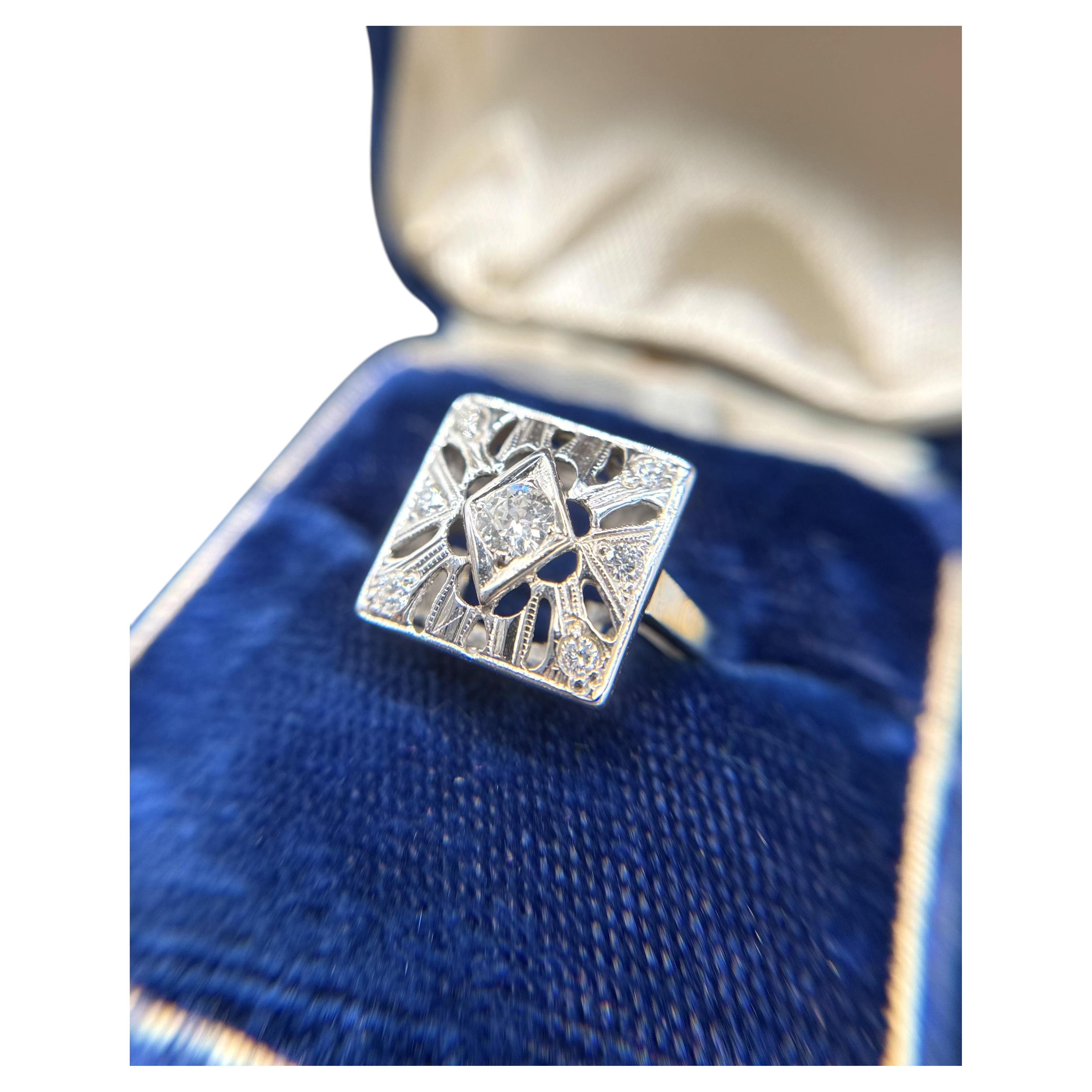 Vintage Diamond Cocktail Ring 14K White Gold For Sale