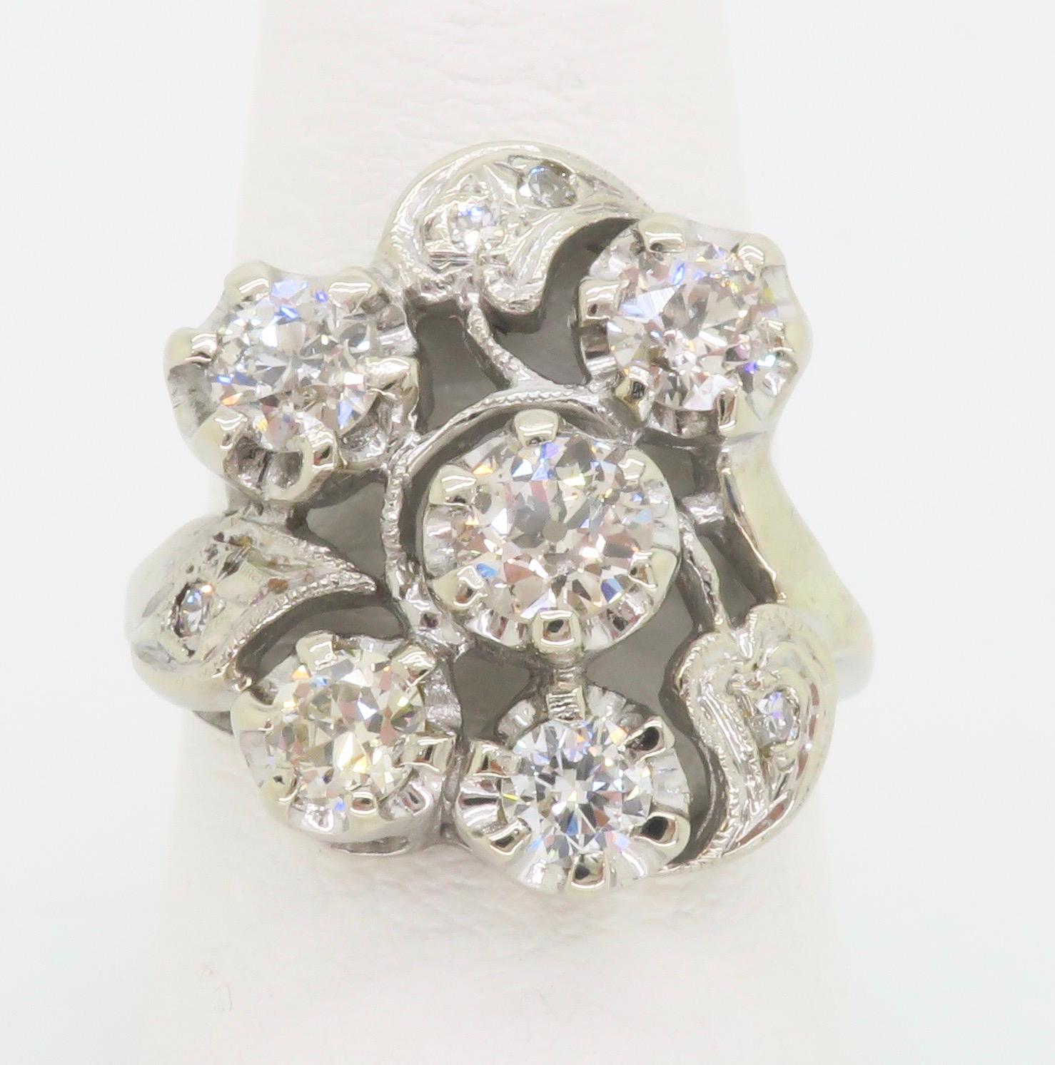 Vintage Diamond Cocktail Ring Crafted in 14k White Gold  In Excellent Condition For Sale In Webster, NY