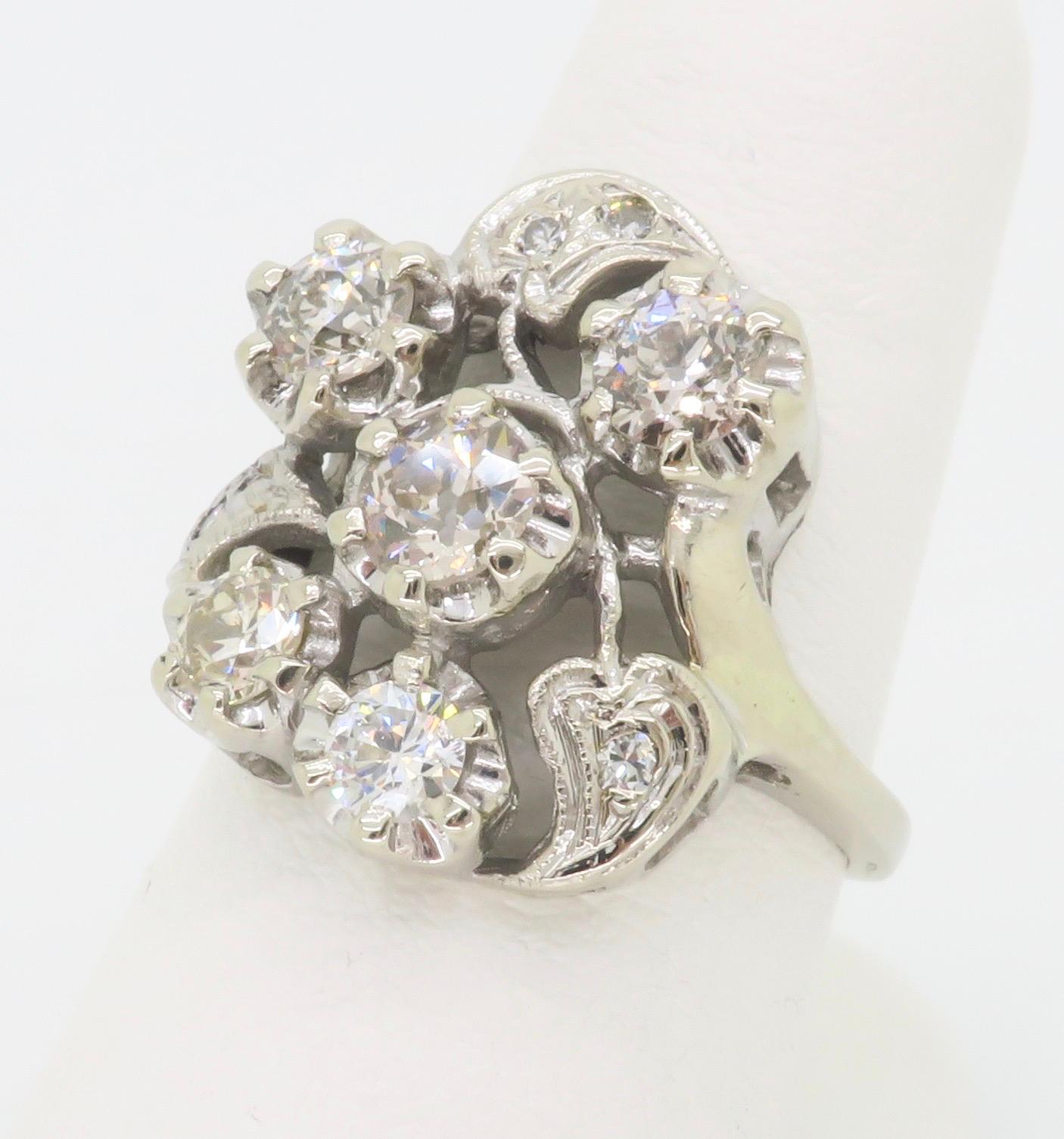 Women's Vintage Diamond Cocktail Ring Crafted in 14k White Gold  For Sale