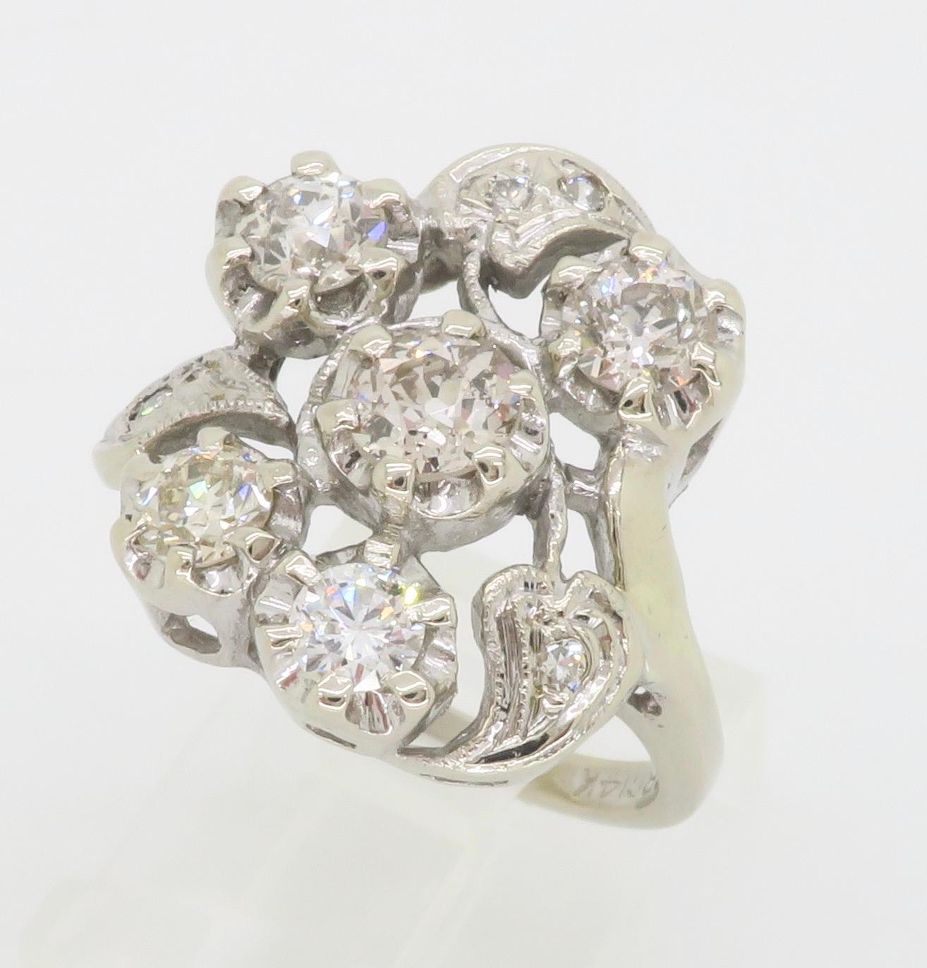 Vintage Diamond Cocktail Ring Crafted in 14k White Gold  For Sale 1