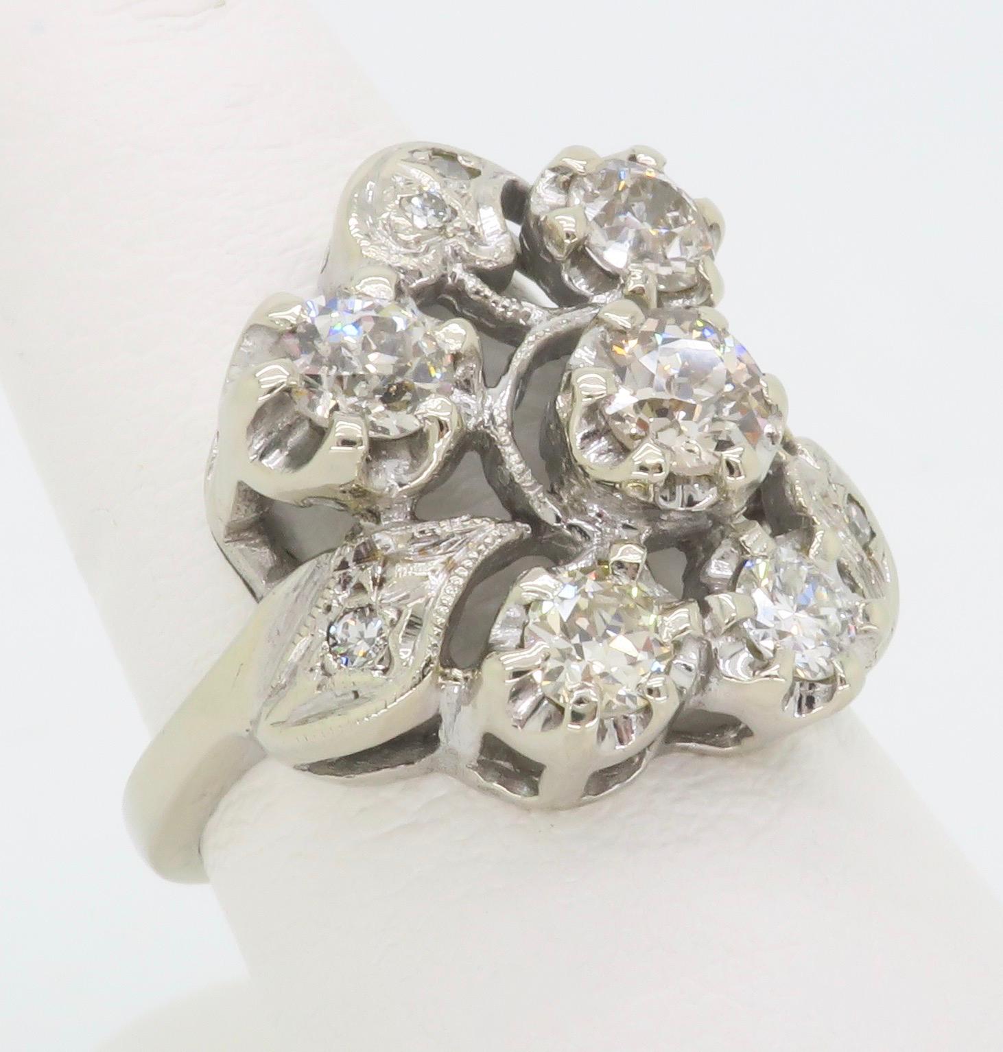 Vintage Diamond Cocktail Ring Crafted in 14k White Gold  For Sale 3