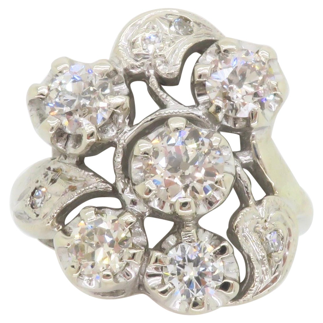 Bague cocktail vintage en or blanc 14 carats avec diamants, fabrication artisanale