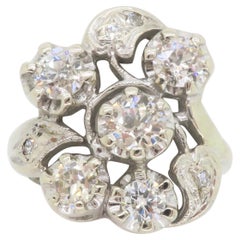 Bague cocktail vintage en or blanc 14 carats avec diamants, fabrication artisanale
