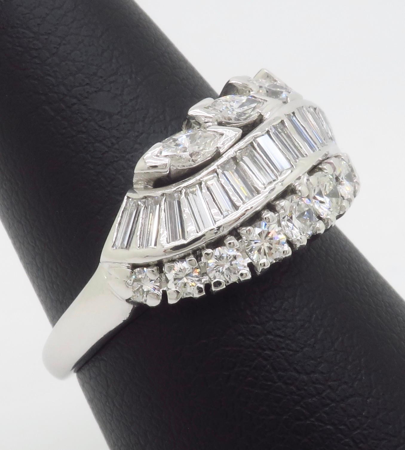 Vintage Diamond Cocktail Ring featuring Round, Baguette, and Marquise Diamonds For Sale 5