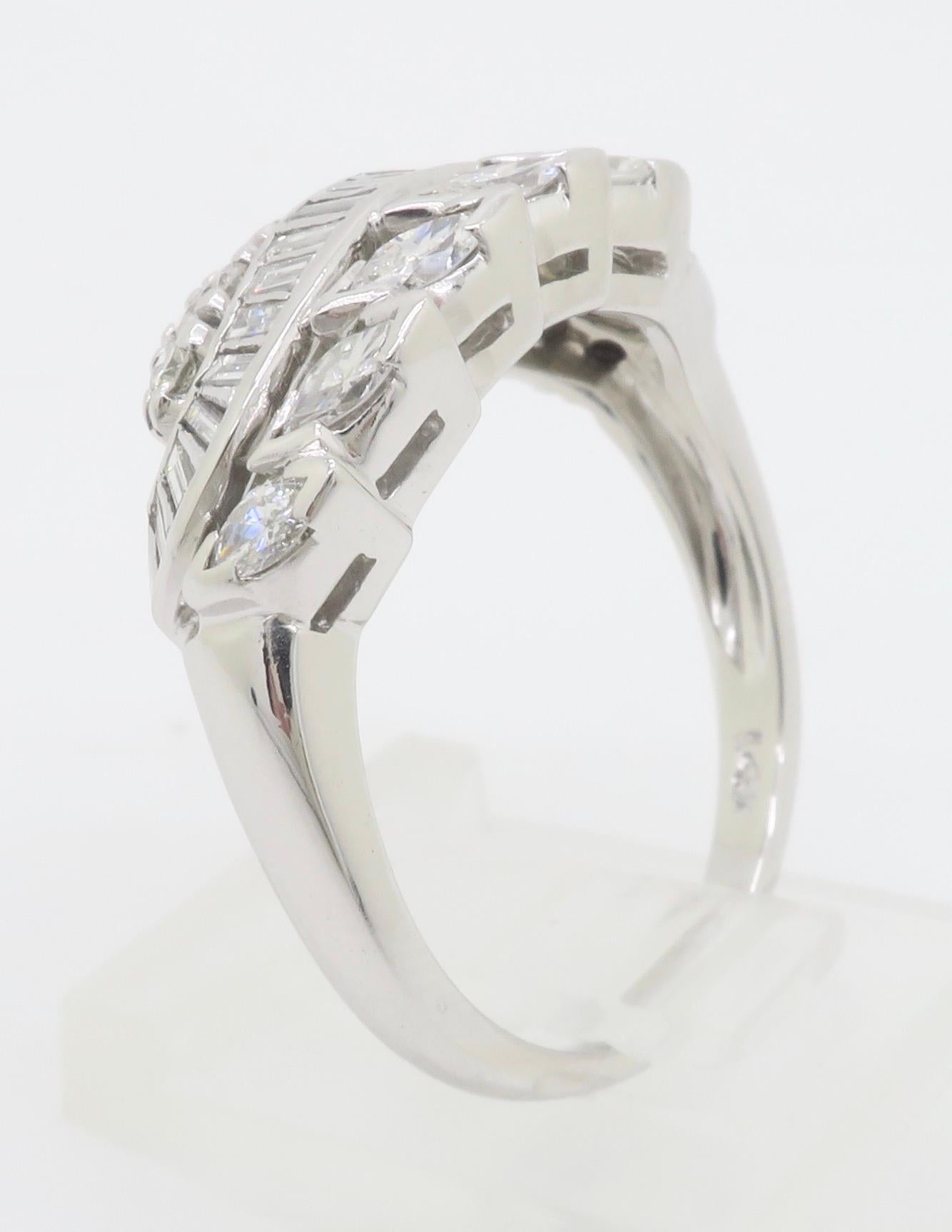 Vintage Diamond Cocktail Ring featuring Round, Baguette, and Marquise Diamonds For Sale 8