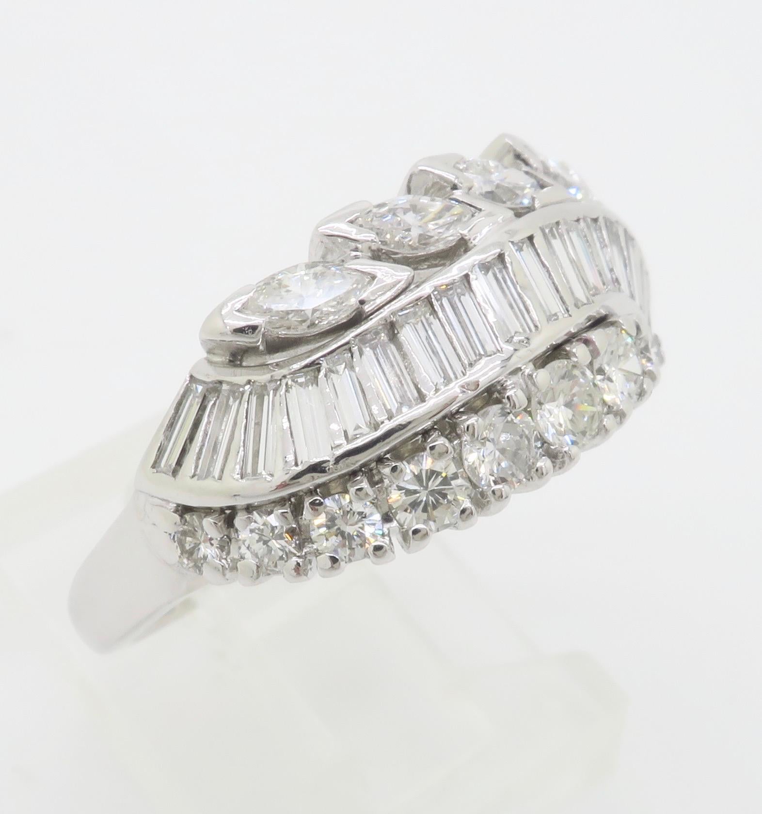 Vintage Diamond Cocktail Ring featuring Round, Baguette, and Marquise Diamonds For Sale 11